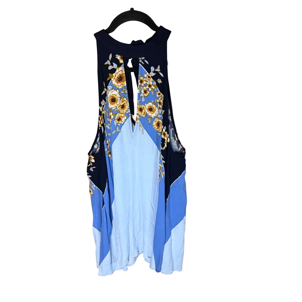 Free People Blue Floral Colorblock Halter Neck Tie Back Tank Top Small